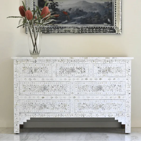 Mother of Pearl Floral Chest 7-Drawers - White