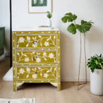 floral pattern yellow bone inlay bedside table