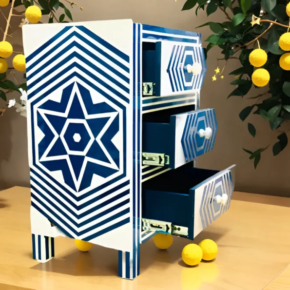 Morrocan pattern resin inlay blue bedside table