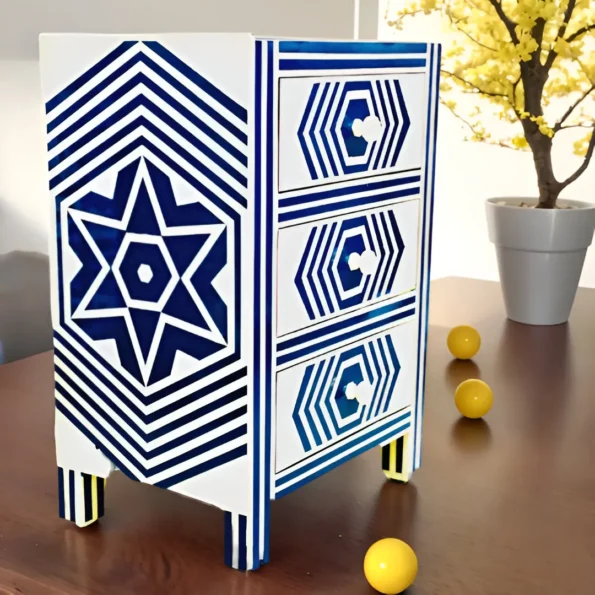 Morrocan pattern resin inlay blue bedside table