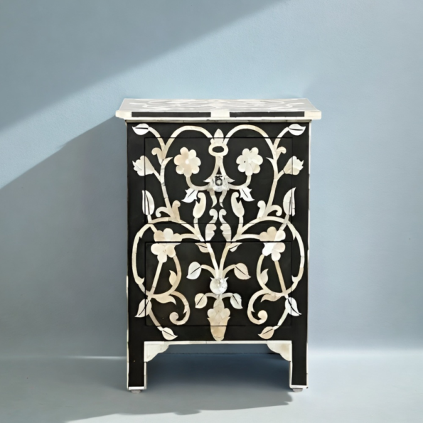 floral pattern black mop inlay bedside table