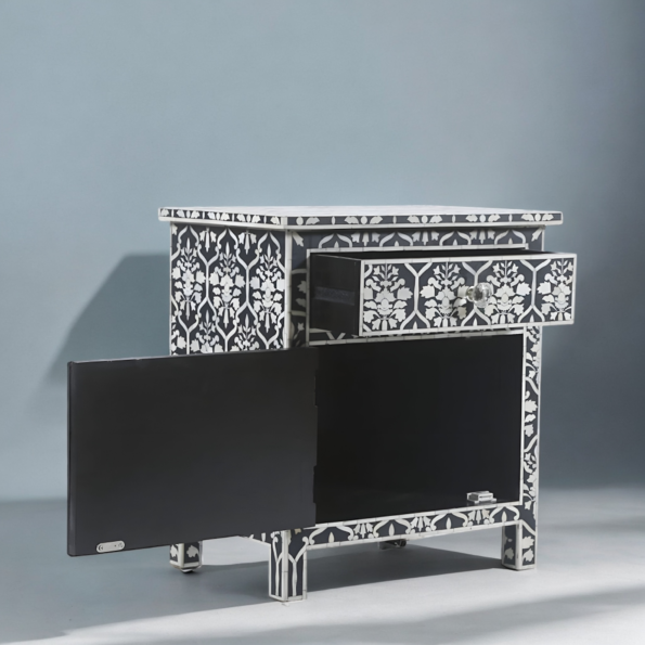 floral pattern black mop inlay bedside table