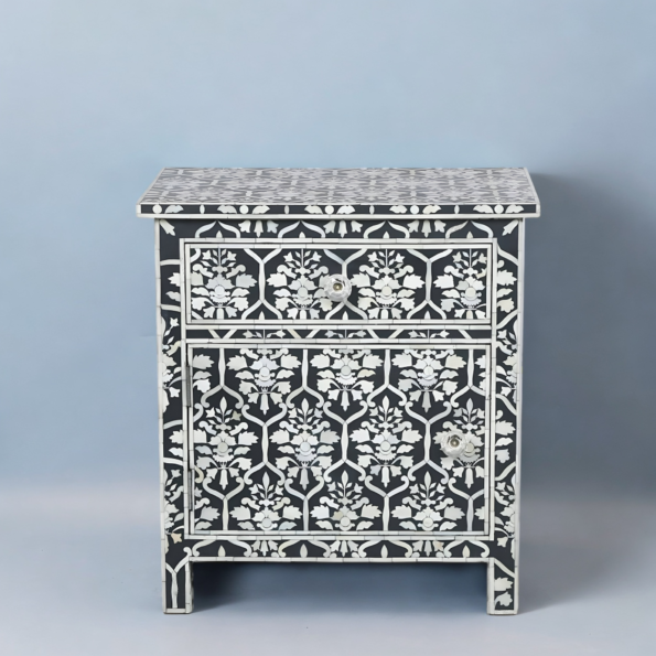 floral pattern black mop inlay bedside table