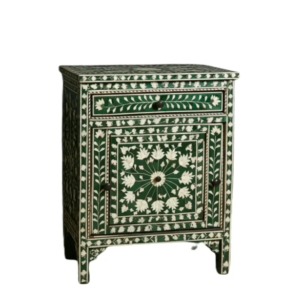 Bone Inlay floral muglai pattern green bedside