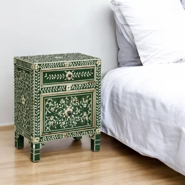 Bone Inlay floral pattern green bedside