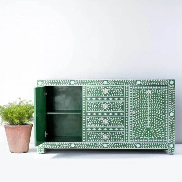 Bone Inlay Green SideBoard Side Open