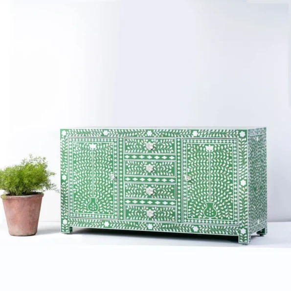 Bone Inlay Green SideBoard Side Open
